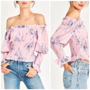 LoveShackFancy Smock Waist Off Shoulder Fifi Top in Juicy Plum XS